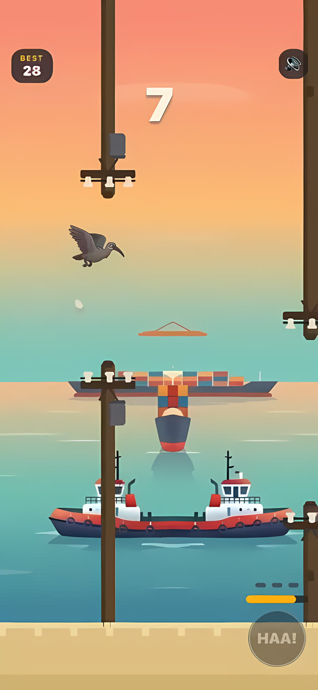 Gameplay screenshot: flying at dawn over the city