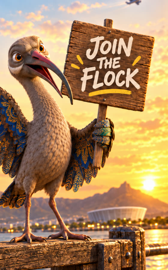 The Hadeda Havoc bird holding a wooden sign reading Join the Flock